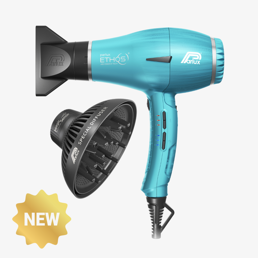 Asciugacapelli Parlux ETHOS azzurro galassia con bocchetta e diffusore MagicSense, con logo NEW